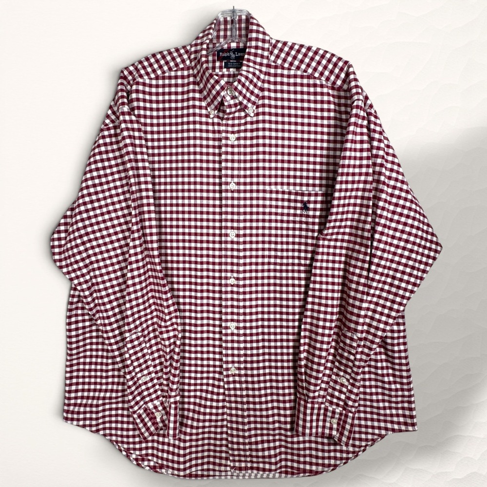 Ralph Lauren Big Shirt Mens Large Red Gingham Preppy‎ Button Down Old Mony